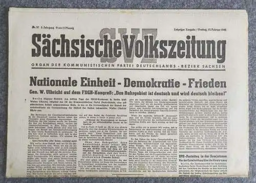 Sächsische Volkszeitung Nationale Einheit Demokratie Frieden 1946 KPD Nr 37