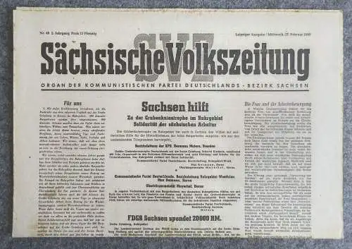 Sächsische Volkszeitung Sachsen hilft Grubenkatastrophe Ruhrgebiet 1946 KPD Nr 4