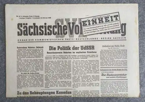 Sächsische Volkszeitung Die Politik der UdSSR 1946 KPD Bezirk Sachsen Nr 45