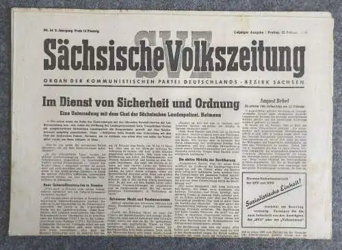 Sächsische Volkszeitung Im Dienst von Sicherheit und Ordnung 1946 KPD Bezirk Sac