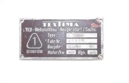 Altes Textima Typenschild VEB Webstuhl Bau Neugersdorf 1958