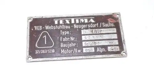 Altes Textima Typenschild VEB Webstuhl Bau Neugersdorf 1958