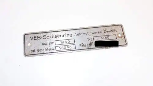 DDR Sachsenring P50 Auto Typenschild Baujahr 1960 Original