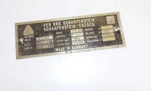 Altes Typenschild VEB DKK Scharfenstein Erzgebirge 1957 DDR Kühlschrank