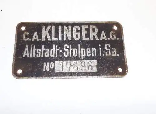 Altes Typenschild Klinger AG Altstadt Stolpen Sachsen Herstellerschild 
