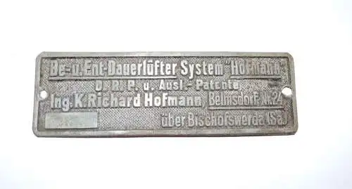 Altes Herstellerschild Dauerlüfter System Hofmann Belmsdorf Bischofswerda Blechs