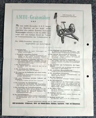 Prospekt Der neue Ambi Grasmäher DRP altes Landwirtschaft Werbeblatt Merseburg