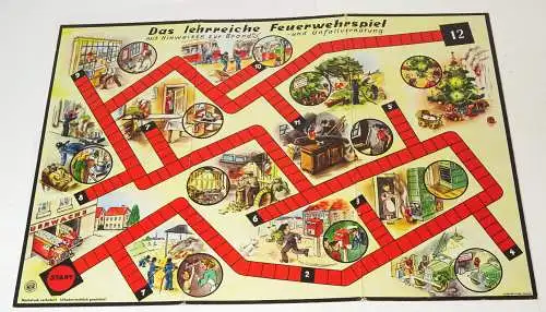 Altes Spielbrett Das lehrreiche Feuerwehrspiel Unfallverhütung Feuerwehr 1956 