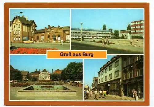 Ak Gruß aus Burg bei Magdeburg Bahnhof Sporthalle Rolandplatz OdF