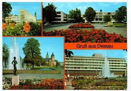 Ak Gruss aus Dessau Scheibe Nord Hotel Bauhaus Blick zur Post Haus des Reisens