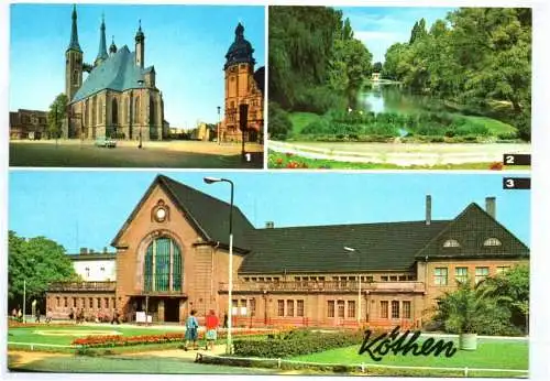 Alte Postkarte Köthen Marktplatz Hubertusteich Bahnhof 1981