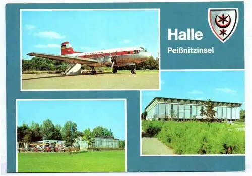 Ak Halle Saale Interflug Flugzeug IL14 Konsum Gaststätte Eissporthalle