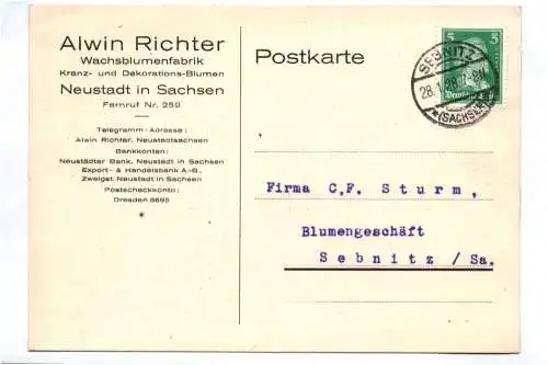 Postkarte Alwin Richter Wachsblumenfabrik Neustadt Sachsen 1928