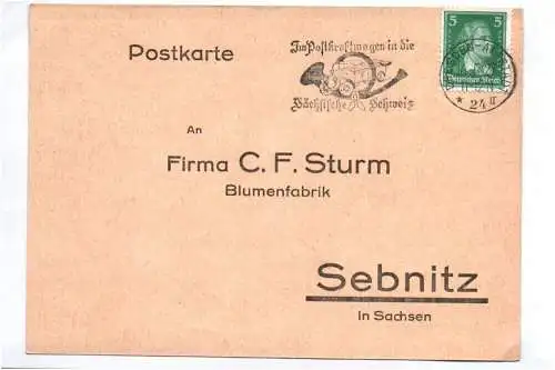 Postkarte Stempel Im Postkraftwagen in die Sächsische Schweiz 1927 Dresden 