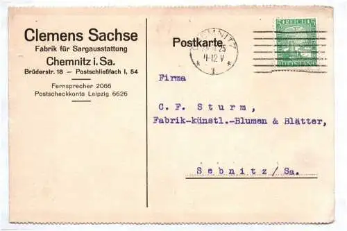 Firmen Postkarte Clemens Sachse Fabrik für Sarg Ausstattung Chemnitz 1925