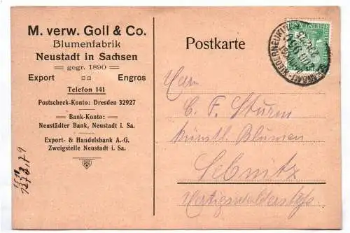 Firmen Postkarte Goll u Co Blumenfabrik Neustadt Bahnpost Schandau Niederneukirc