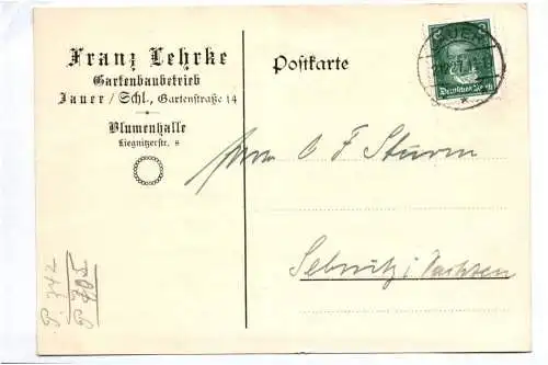 Alte Postkarte Franz Lehrke Gartenbau Betrieb Jauer Schlesien 1927