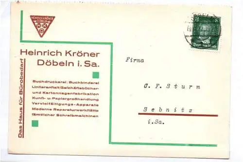 Firmen Postkarte 1927 Heinrich Kröner Döbeln Sachsen 1927