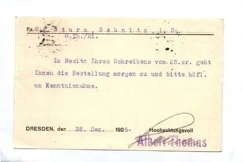 Firmen Postkarte Albert Thomas Dresden Altstadt 1925 Papierverarbeitung