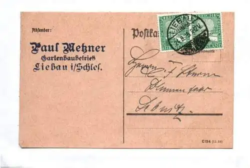 Firmen Postkarte Liebau Schlesien Gartenbaubetrieb Paul Metzner 1925 Stempel