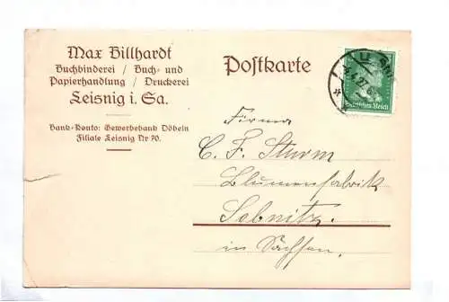 Reklame Postkarte Max Billhardt Buchbinderei Leisnig Sachsen 1927