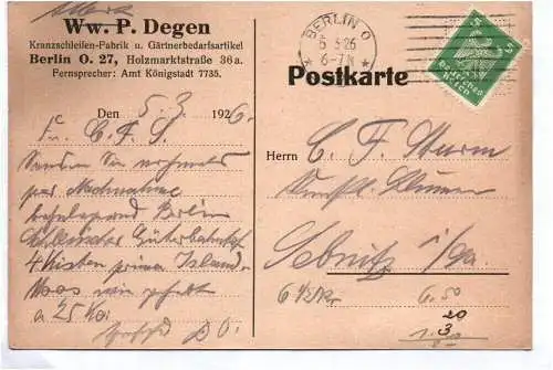 Alte Firmen Postkarte Degen Berlin O 27 Kranzschleifen Fabrik 1926