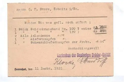 Postkarte Heintze Herrnhut Gartenbau der Deutschen Brüdergemeinde 1925