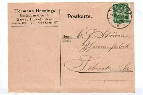 Old Postkarte Hermann Hennings Gartenbau Betrieb 1926 Geyer Erzgebirge