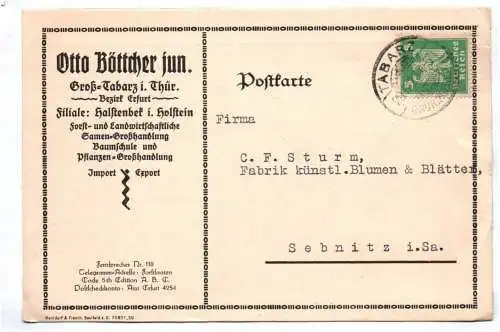 Postkarte Gross Tabarz Bezirk Erfurt 1925 Böttcher Forst Landwirtschaft Samen Ha