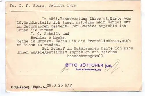 Postkarte Gross Tabarz Bezirk Erfurt 1925 Böttcher Forst Landwirtschaft Samen Ha