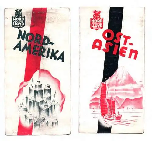 2 x Norddeutscher Lloyd Bremen Ost Asien Nord Amerika Schiffsreise Prospekt