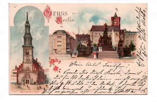 Litho Ak Gruss aus Berlin Das Luther Denkmal Marienkirche 1900