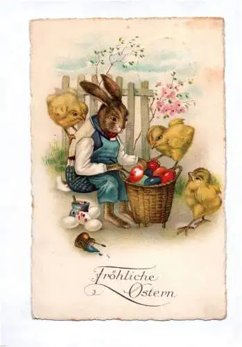 Künstler Ak Osterhase bemalt Eier Fröhliche Ostern Küken 1934