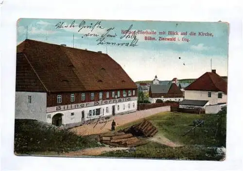 AK Biliner Bierhalle mit Blick auf die Kirche Böhmen Zinnwald Erzgebirge 