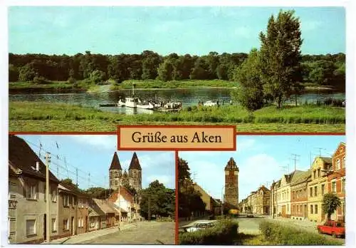 Ak Grüsse aus Aken Elbfähre Meisterstraße Karl Marx Platz 1986