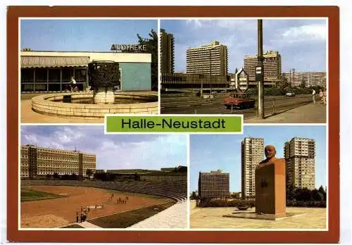 Ak Halle Neustadt Ha-Neu Alchimistenbrunnen Magistrale Sportplatz Lenindenkmal