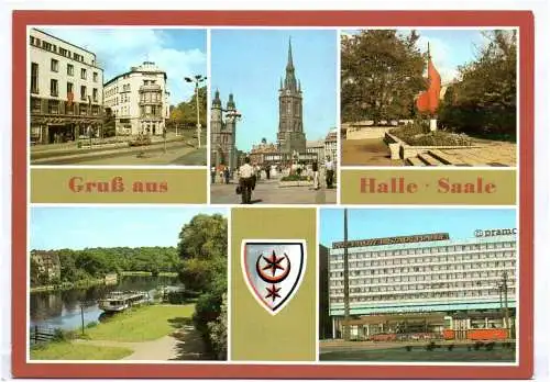 Ak Gruss aus Halle Saale Hansering Markt Fahnenmonument Interhotel DDR