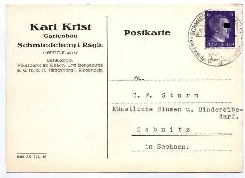 Postkarte Karl Krist Gartenbau Schreiberhau Riesengebirge Schlesien 1944