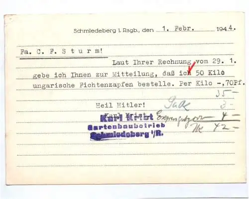 Postkarte Karl Krist Gartenbau Schreiberhau Riesengebirge Schlesien 1944 