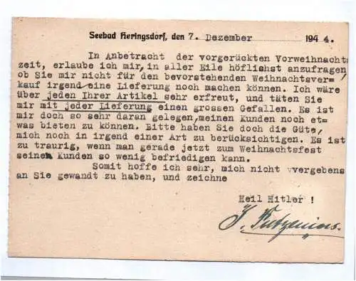 Firmen Karte Putzenius Seebad Heringsdorf 1944