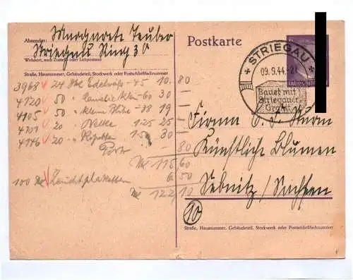 Postkarte Striegau Stempel Schlesien 1944