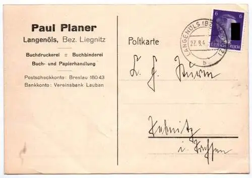 Postkarte Planer Langenöls Bezirk Liegnitz Schlesien Buchdruckerei