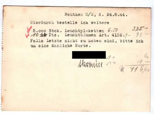 Firmen Karte Anton Czerny Kurzwaren Beuthen Oberschlesien 1944