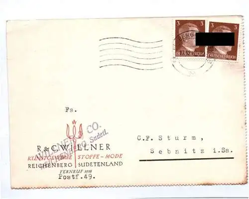 Alte Firmenkarte Willner Stoffe Mode Reichenberg Sudeten 1942 nach Sebnitz 