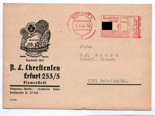 Firmen Postkarte Chrestensen Erfurt Blumen 1944 Maschinenstempel