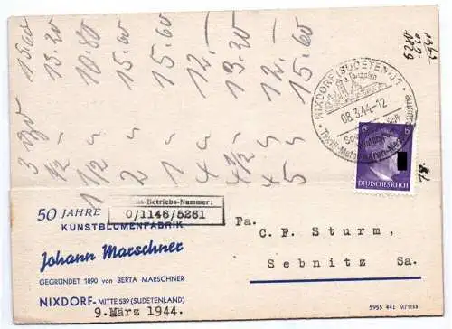 Werbe Karte Johann Marschner Nixdorf Böhmen 1944 Sudeten Stempel