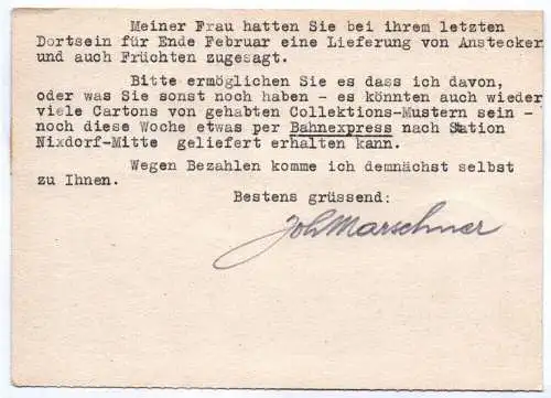 Werbe Karte Johann Marschner Nixdorf Böhmen 1944 Sudeten Stempel