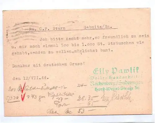 Ganzsache Pawlik Wolle Handarbeiten Reichenberg Sudetengau 1944