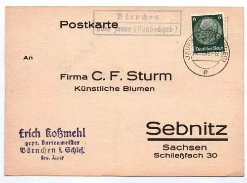 Postkarte Koßmehl Gartenmeister Börnchen in Schlesien Stempel über Jauer Katzbac