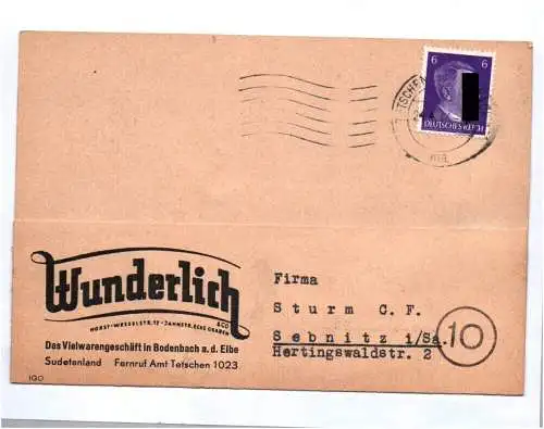 Firmen Karte 1944 Wunderlich Vielwarengeschäft Bodenbach Elbe Böhmen